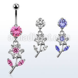 bnrz178 casted steel cz belly banana w cz studded flower design