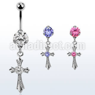 bnrz379 casted steel cz belly banana w vintage style cross w cz