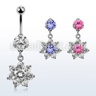 bnrz46 casted steel cz belly banana w dangling cz flower design