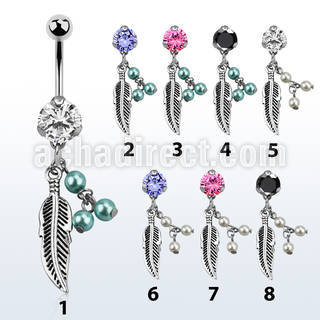 bnrz601 piercing ombligo acero quirurgico zirconia 8mm colgante pluma 3 falsas perlas 38 10mm mayorista