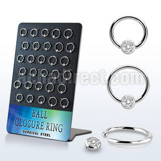 board w 30 steel ball closure ring 16g w 3mm clear cz
