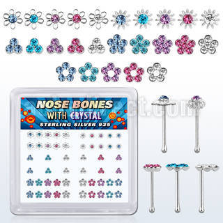 nbbxm7m display caja unidades piercing nariz hueso plata esterlina parte superior flores variadas cristales colores variados