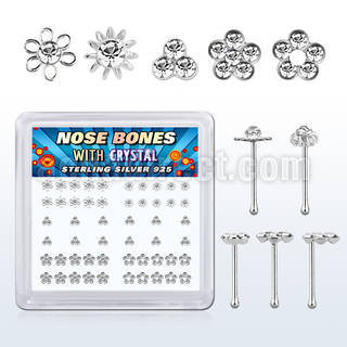 nbbxm7c display caja unidades piercing nariz hueso plata esterlina parte superior flores variadas cristales color claro