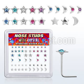 box w silver nose studs w star & moon tops w mix crystals