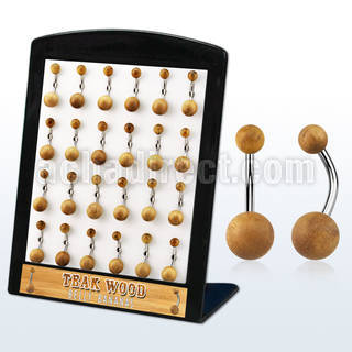brbngte display 24 piercings ombligo organicos barra acero 316l bolas madera teca 5 8mm 10mm distribuidor mayorista