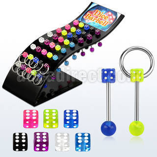 brdi 316l steel tongue barbell w acrylic uv dice slave ring