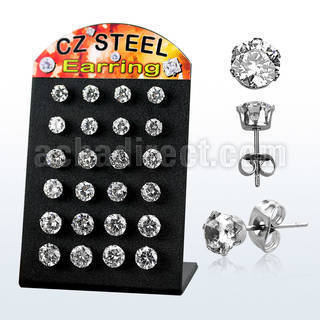 bres11 display 12 pares piercings oreja acero inoxidable zirconia redondas claras 6mm 8mm mayorista