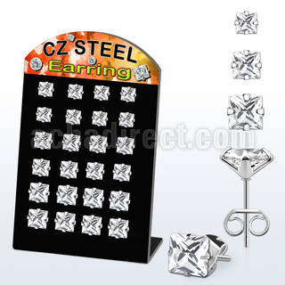 bresq display 12 pares piercings oreja acero inoxidable zirconia cuadradas claras 6mm 8mm mayorista