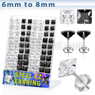 bresqz4 stainless steel earring stud with prong square cz stone
