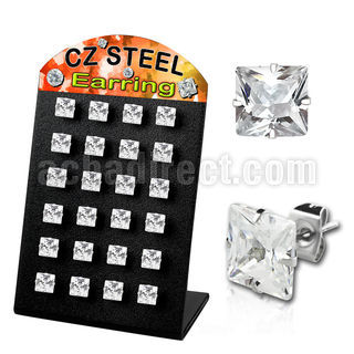 brezq6 stainless steel earring stud w prong square cz stone