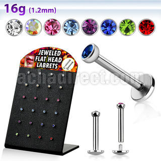 brlbf 316l steel internal threading labret w flat crystal top