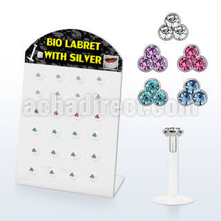 brlbi16 display expositor 24 labrets bio flexibles transparentes plata esterlina cristal triple 8mm distribuidor mayorista