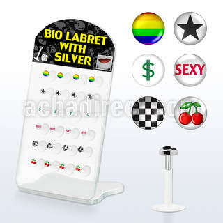 brlbi21 display 24 labrets bio flexibles transparentes plata esterlina presion 3mm logos variados 8mm distribuidor mayorista