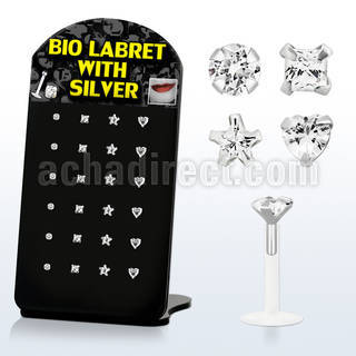 brlbi4 display 24 labrets bio flexibles transparentes zirconita claras formas redondas cuadradas corazon estrella 8mm venta