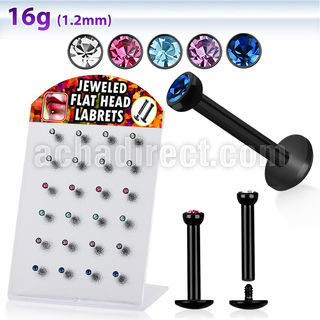 brlbkm black anodized 316l labret w jewel head thread plate