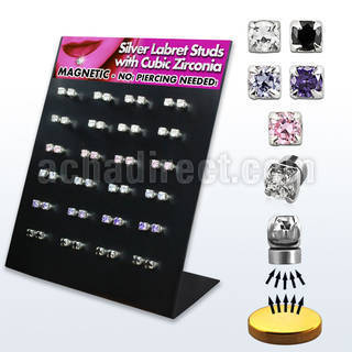 brlz3m display expositor 48 labrets magneticos plata esterlina zirconita 3mm soporte magnetico dorado venta