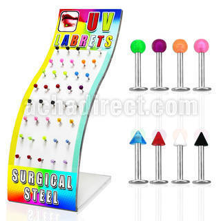 brmlb10 display 40 labrets acero quirurgico bolas conos acrilico uv 3mm 8mm distribuidor mayorista