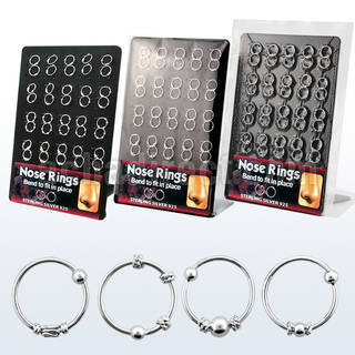 brnhm7 display 40 aros nariz plata 925 0 6mm disenos variados diametro ezterior 10mm al por mayor