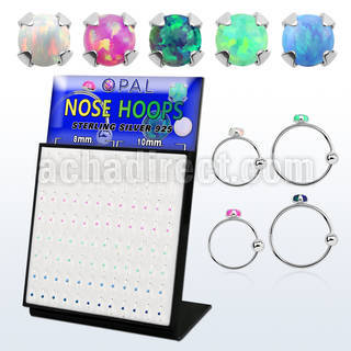 brnhmx23 board w silver nose hoop w 2mm prong set synthetic opal