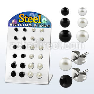 brper3 display 12 pares piercings oreja acero inoxidable bolas perla negro blanco 4mm 6mm mayorista