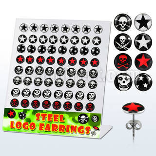 brser11 board of 316l steel earstuds with star skull logos