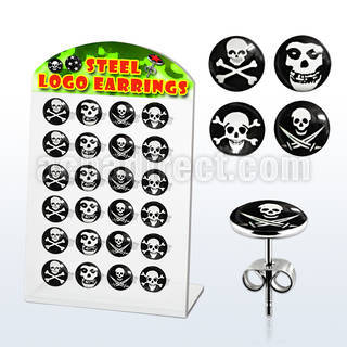 brser12 board of 316l steel ear studs with assorted skull logos