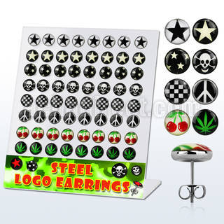 brser14 stainless steel earring stud with assorted logo tops