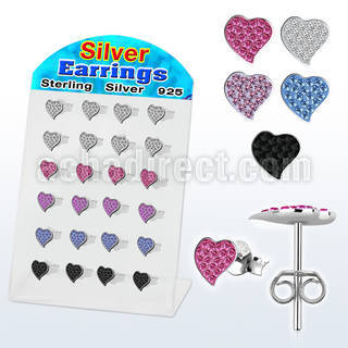 brsfd8 display 12 pares piercings oreja plata esterlina cristal ferido 9mm corazon al por mayor