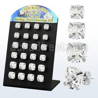 brssqf display 12 pares piercings oreja plata esterlina zirconia cortada cuadros cuadradas claras 6mm 8mm venta