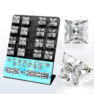 brszq12 display 8 pares piercings oreja plata esterlina grandes zirconia cuadradas claras 12mm distribuidor
