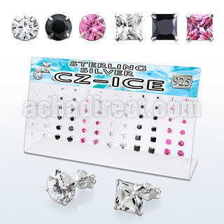 brzm36b display 36 pares piercings oreja plata 925 zirconia cuadradas redondas 3mm 8mm mayorista