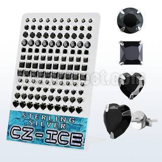 brzshb display 60 pares piercings oreja plata 925 zirconia negras 5mm 8mm formas variadas venta