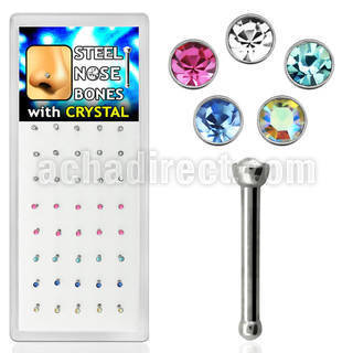 bxb103 316l steel nose bone w assorted colored crystal top