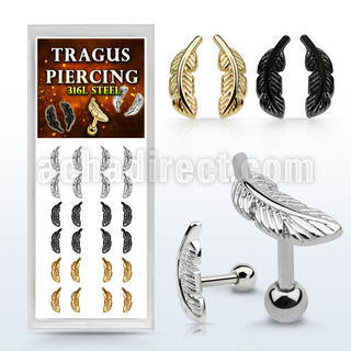 bxtrg1 box steel gold black steel tragus piercings w feather