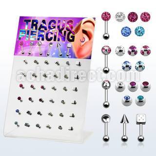 dacb100 display 36 piercings tragus acero quirurgico surtidos 4mm bola cierre 3mm 6mm al por mayor