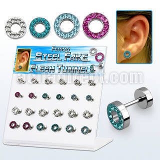 dacb145 display acrilico 24 dilataciones tunel falsas acero quirurgico brillo espejo multi cristal colores ferido 6mm 8mm distribuidor mayorista