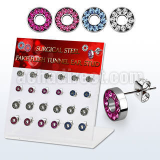 dacb203 display w steel fake flesh tunnel ear stud w crystals