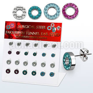 dacb207 display w steel fake flesh tunnel ear studs crystal rim