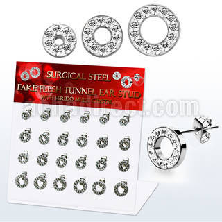 dacb208 display w steel fake flesh tunnel ear stud w crystal rim