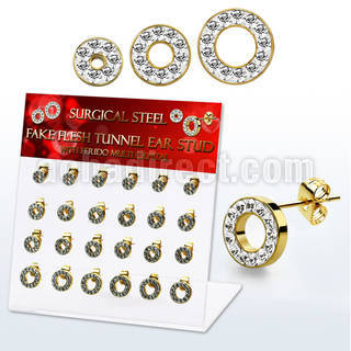 dacb209 display w gold fake flesh tunnel ear stud w crystal rim