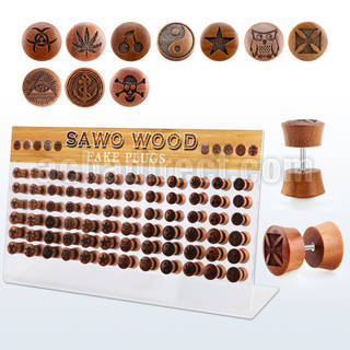 dacb220 display acrilico 72 plugs falsos variados madera sawo barra acero quirurgico logos rayados laser 8mm 10mm mayorista