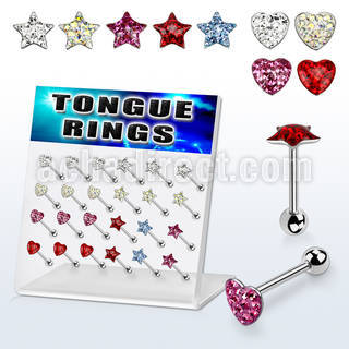 dacb36 display 24 barbells lengua acero quirurgico 7mm estrella corazon multi cristal 16mm venta