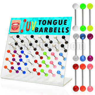 dacb55 display 40 barbells lengua acero quirurgico bolas acrilicas uv 6mm 16mm distribuidor