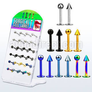 dacb75 pequeno display 24 labrets acero quirurgico anodizado bolas conos 3mm 8mm distribuidor