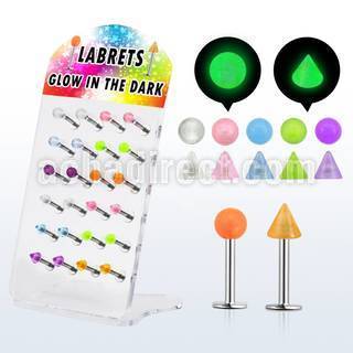 dacb95 display 24 labrets acero quirurgico bolas conos 3mm brillan oscuridad 8mm distribuidor mayorista