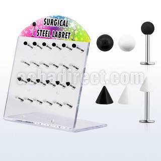 dacb96 display 24 labrets acero quirurgico bolas conos 3mm negros blancos 8mm venta