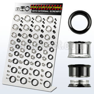 dapg55 display acrilico 88 dilataciones tunel doble flare acero quirurgico brillo espejo pvd negro rosca interno 3mm 20mm mayorista