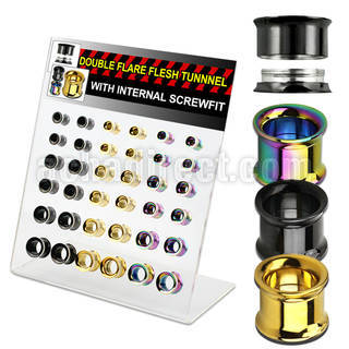 dapg77 display acrilico 36 dilataciones tunel doble flare acero quirurgico pvd negro dorado arco iris tornillo interno mayorista