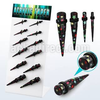 dapg78 display 12 expansores acrilico negro estrellas impresas anillo goma 3mm 10mm al por mayor
