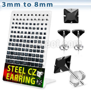 deqzg2 316l steel ear stud w black square prong cz stone